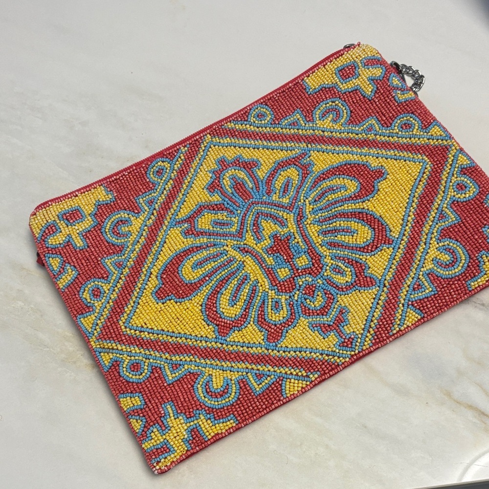 Beaded Floral Zip Clutch in Red, Yellow & Blue